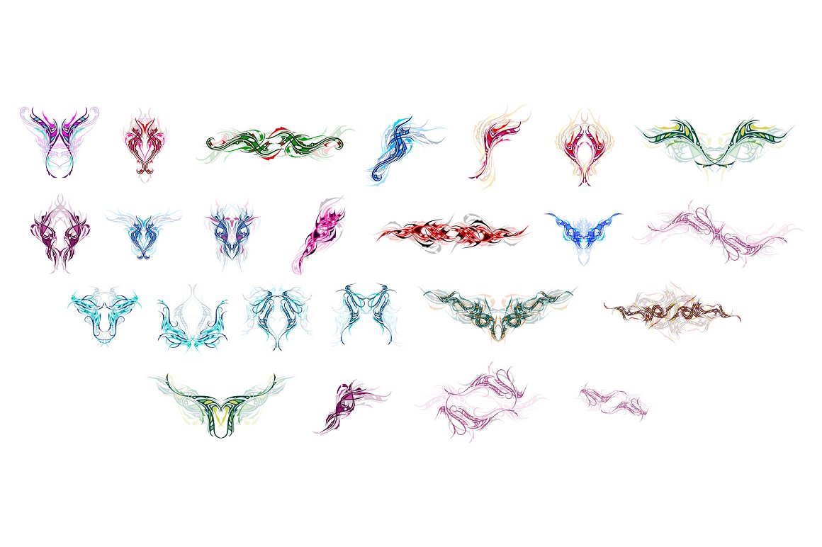 24 different colored and shadowed tattoo designs on a white background.