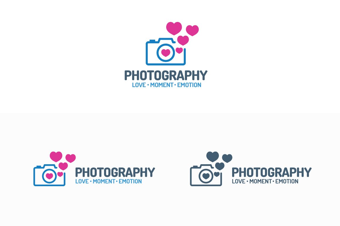 Three options of photography logos with hearts.