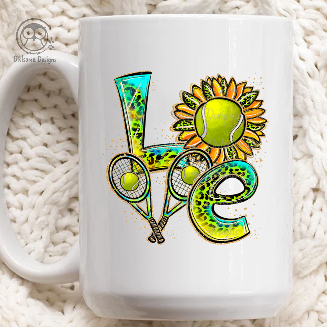 Image of a white cup with a colorful inscription Love with elements of tennis.