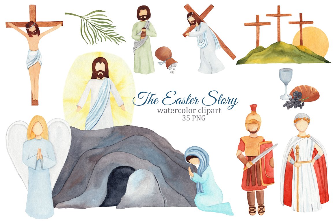 Turquoise lettering "The Easter Story" and different religious illustrations on a white background.