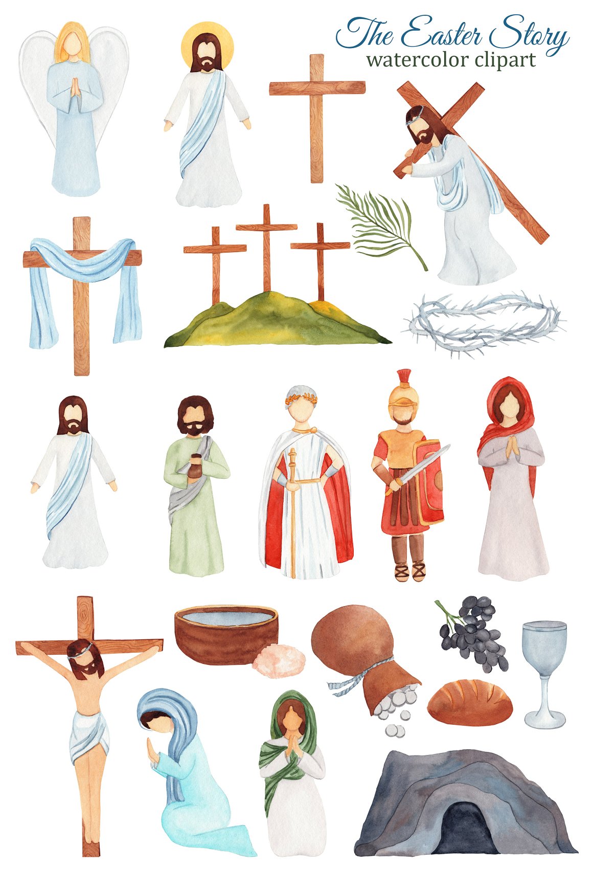 Watercolor religious Easter clipart on a white background.