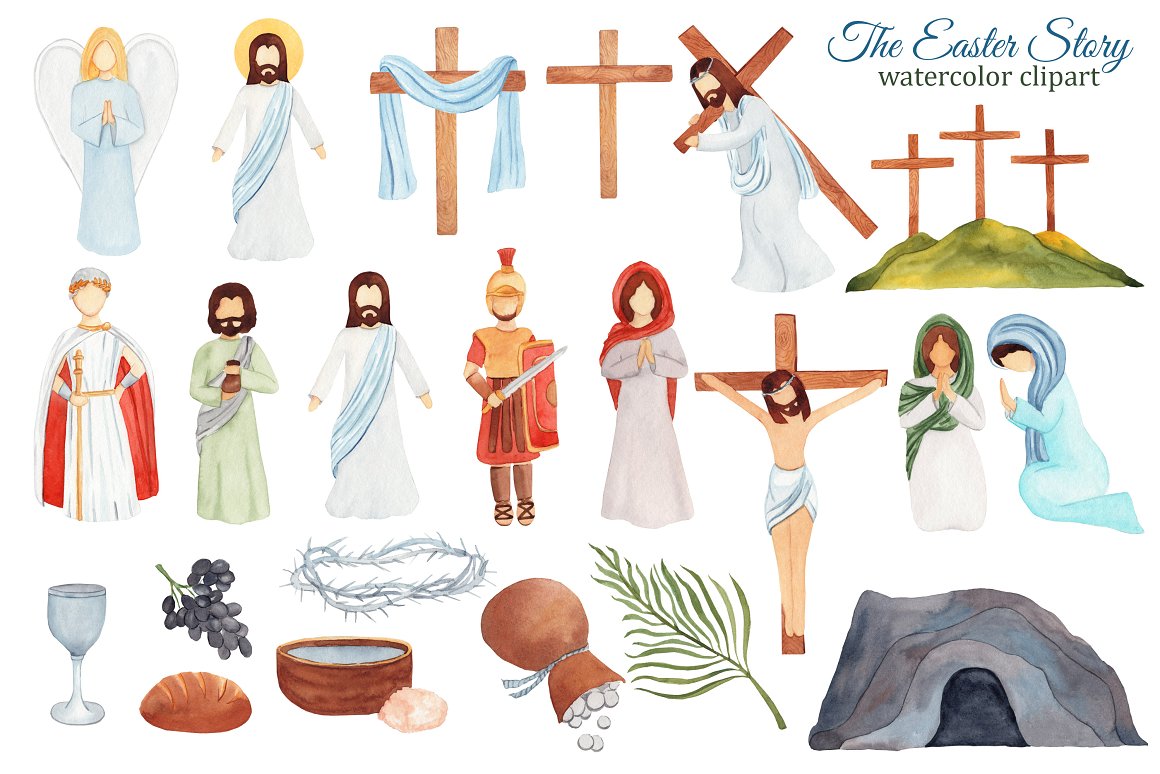 Illustrations of Jesus, cross, resurrection, Golgotha, empty tomb, angel, Mary Magdalene, Judas, Pontius Pilate and others Bible symbols of Easter.