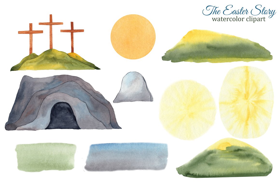 Watercolor clipart of empty tomb, sun, cross and other symbols.