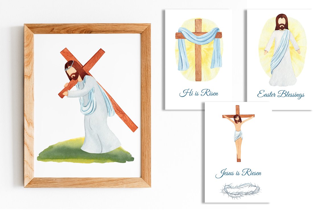 Painting in wooden frame and 3 white cards with Jesus and cross.