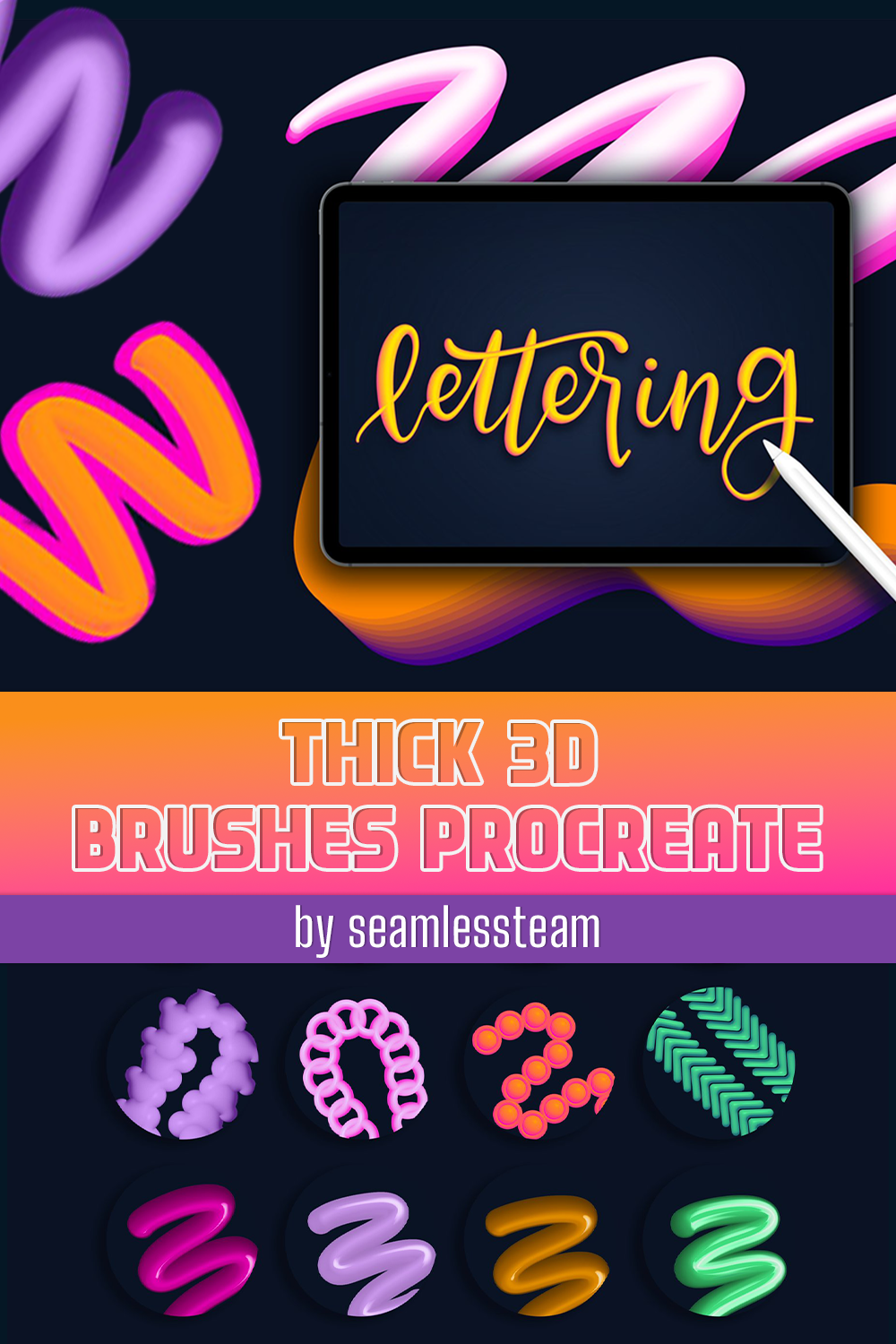 Thick 3D Brushes Procreate - pinterest image preview.