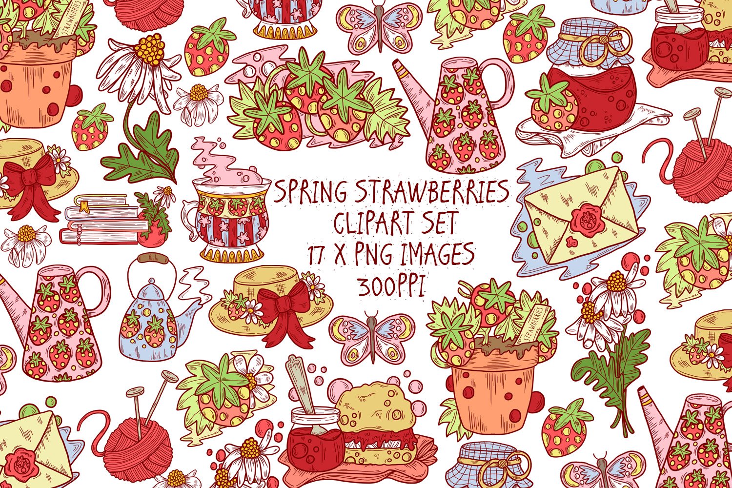 Cover image of Spring Strawberries Clipart Set.