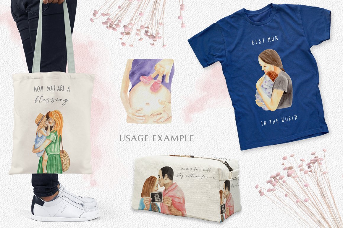 Blue t-shirt, white cosmetic bag, shopping bag with different watercolor mother's day illustrations.