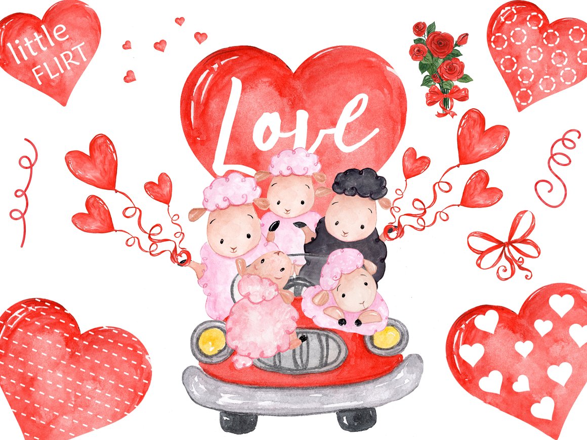 Illustration of 4 pink and black sheeps in car with balloon-heart with white lettering "LOVE" and 4 hearts on a white background.
