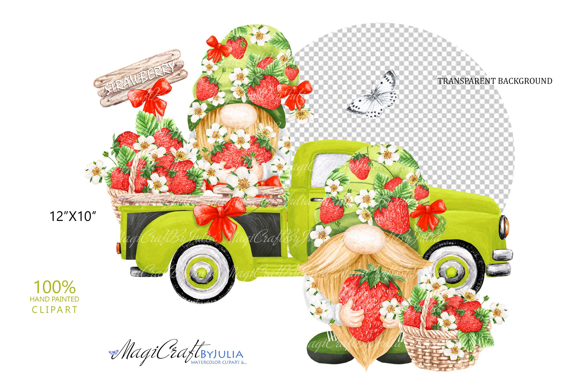 Illustration of a gnome in a truck with strawberries on a transparent background.