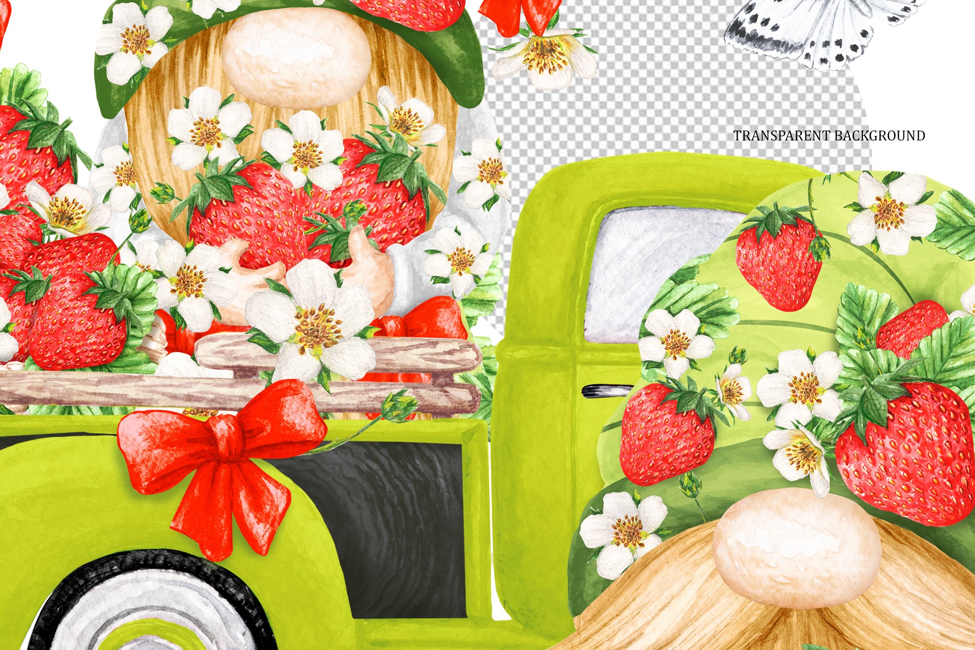 Watercolor clipart in close-up of a gnome in a truck with strawberries.