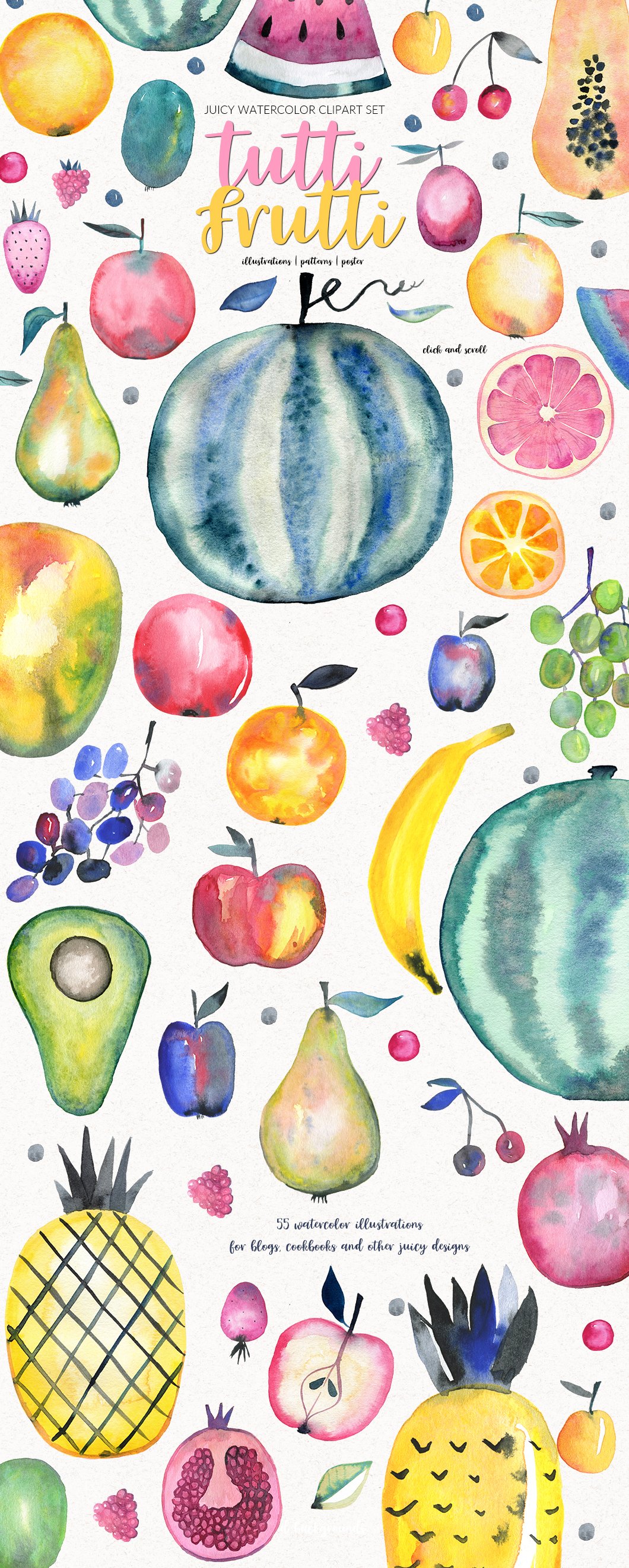 Pink-yellow lettering "Tutti Frutti" and 55 different watercolor illustrations of tutti frutti on a white background.