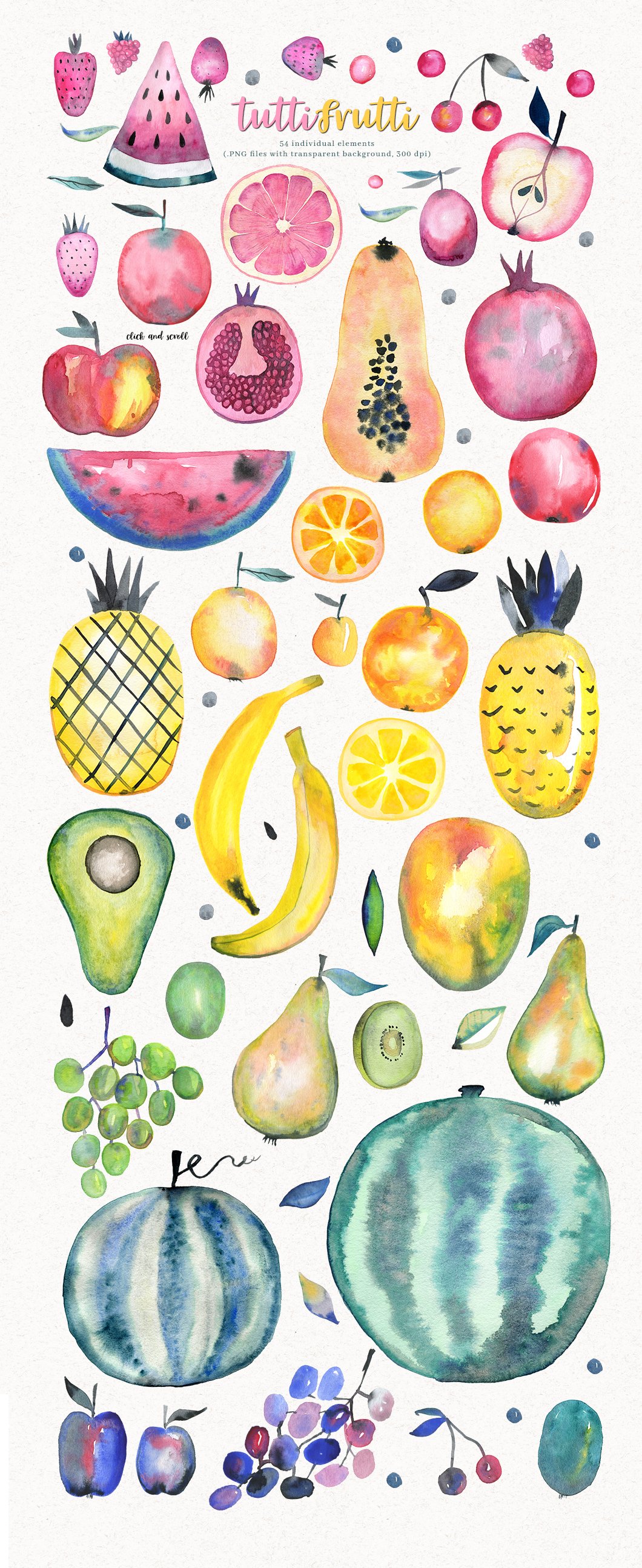 Pink-yellow lettering "Tutti Frutti" and different colorful illustrations of tutti frutti on a gray background.