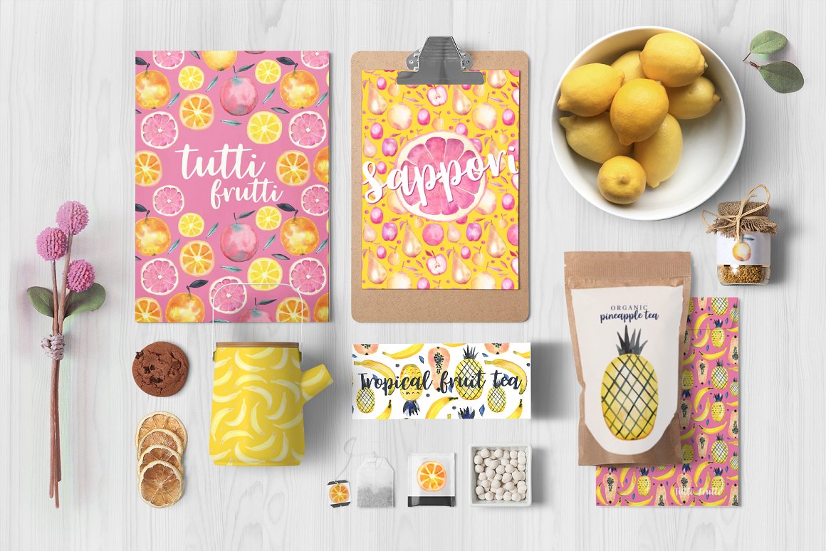 Pink and yellow posters with white letterings "Tutti Frutti" and "Sappori" with different illustrations of tutti frutti, and different elements of decor on a gray background.