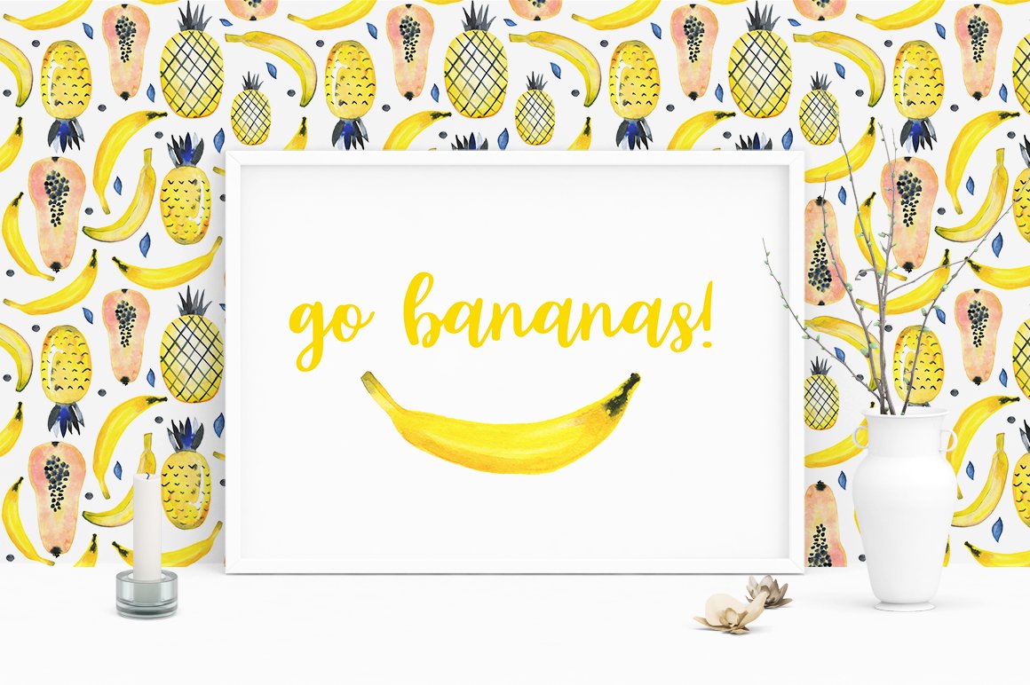 White picture with yellow lettering "go bananas!" and watercolor illustration of a banana in white frame on a white background with different yellow watercolor illustrations of tutti frutti.