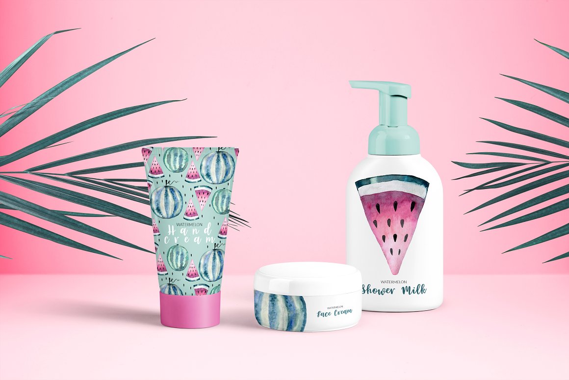 A set of 3 different skincare products - hand cream, face cream and shower milk with watercolor illustrations of tutti frutti on a pink background.