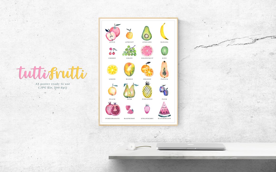 Pink-yellow lettering "Tutti Frutti" and A3 poster with 20 different illustrations of tutti frutti on a white background.