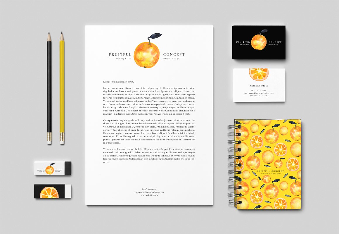 A sheet a4 with text, black and white cards and yellow spiral notebook with yellow illustrations of tutti frutti on a gray background.