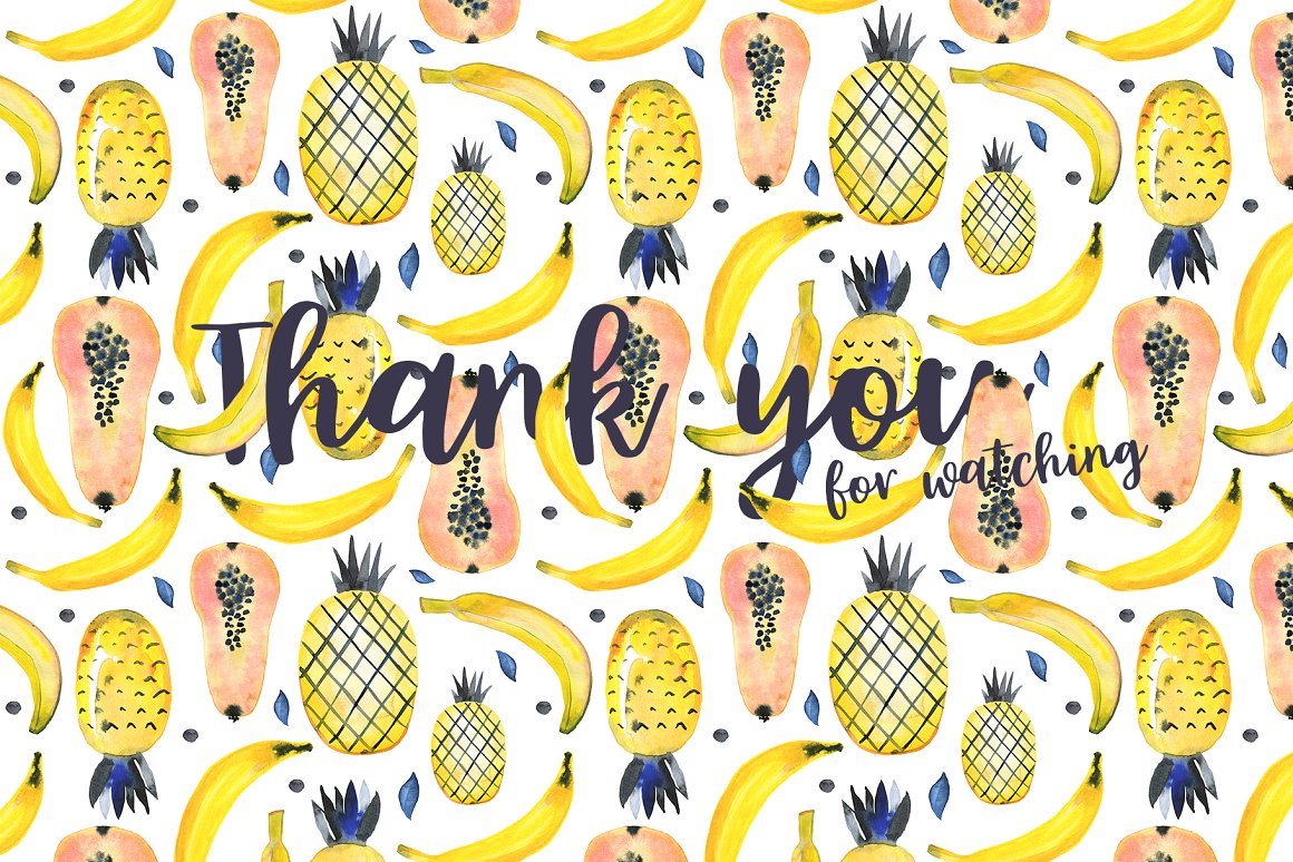 Black lettering "Thank you" and watercolor illustrations of yellow tutti frutti on a white background.