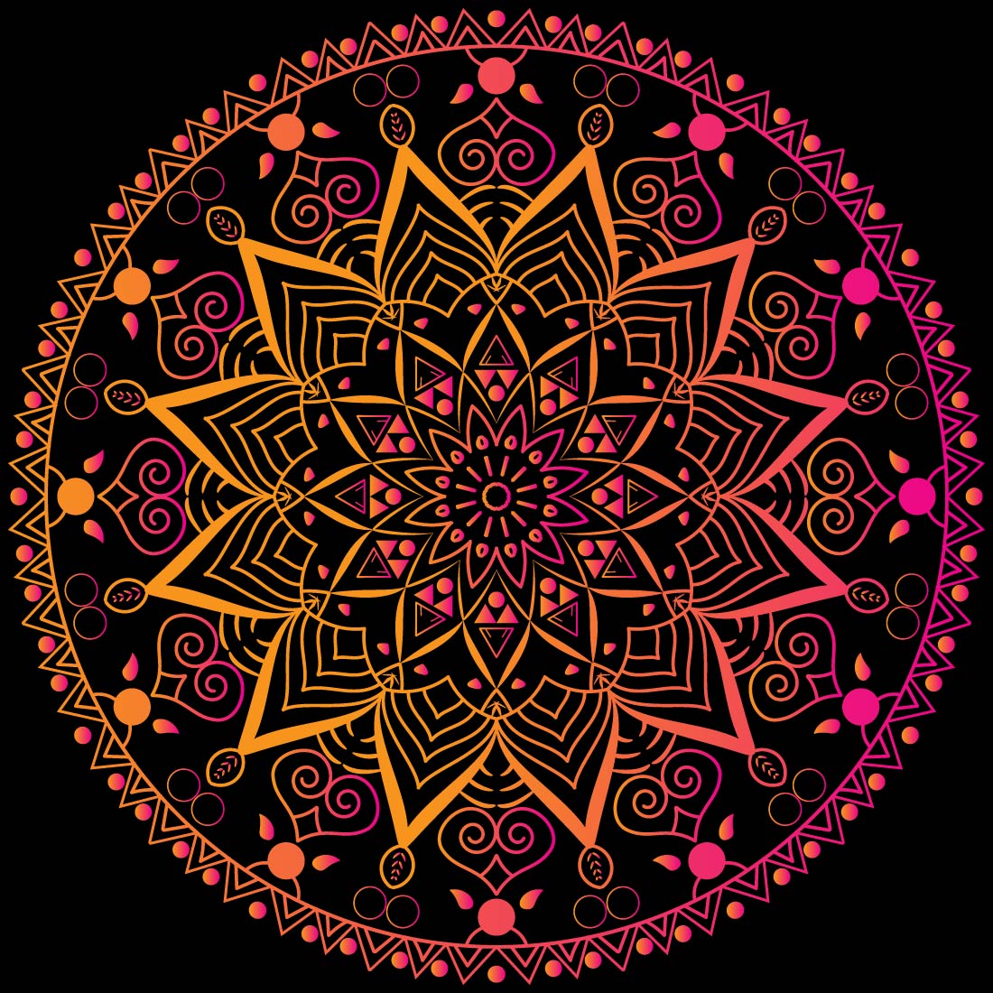 Image with charming round colorful mandala on black background.
