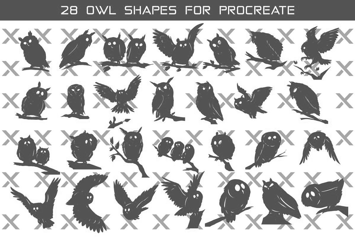 A set of 28 different gray amazing and fun owl on a white background.