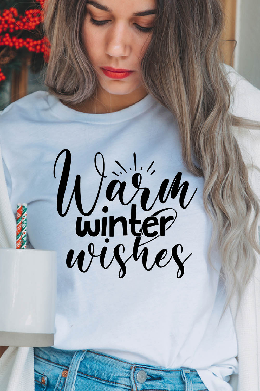 Image of a girl in a white t-shirt with a gorgeous inscription "Warm winter wishes".