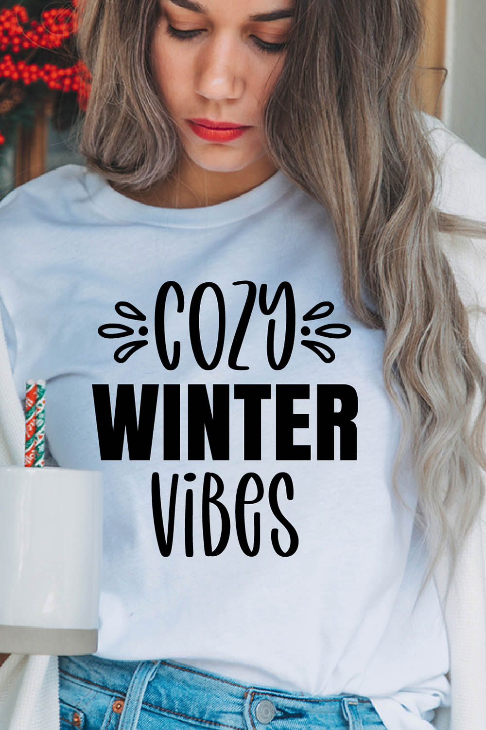 Image of a girl in a white t-shirt with a charming inscription "cozy winter vibes".