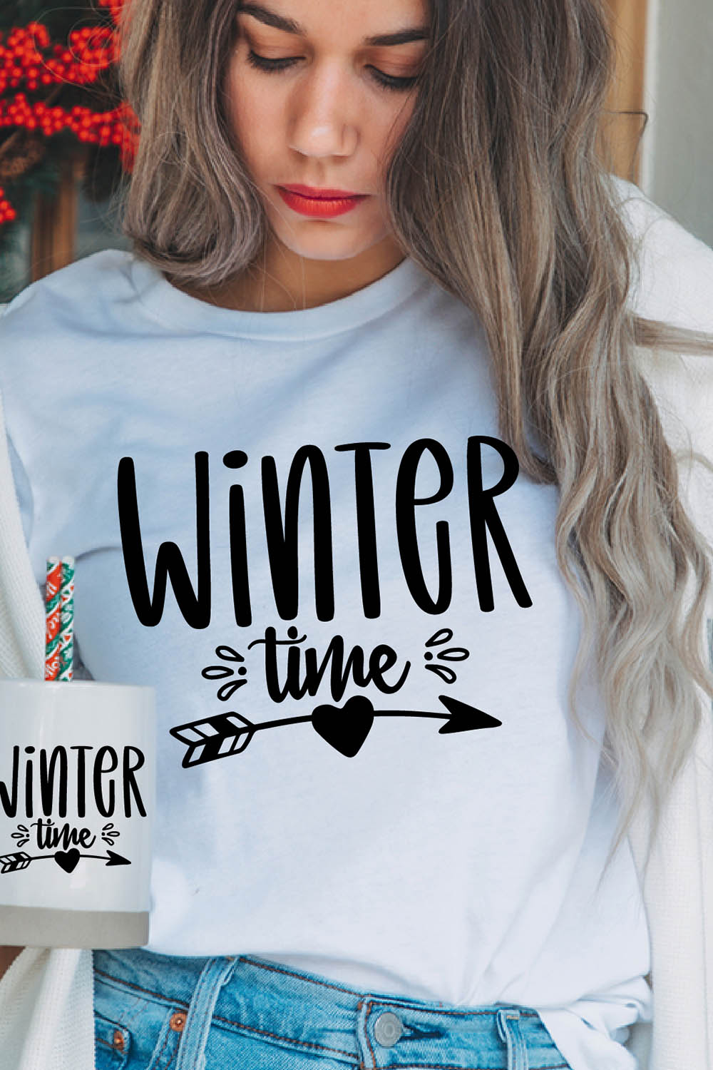 Image of a girl in a white t-shirt with a wonderful inscription "winter time".