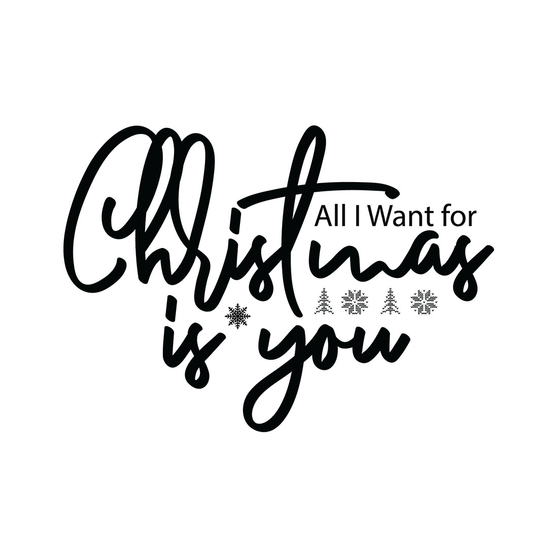 An image with an irresistible black inscription for prints All I Want For Christmas Is You.