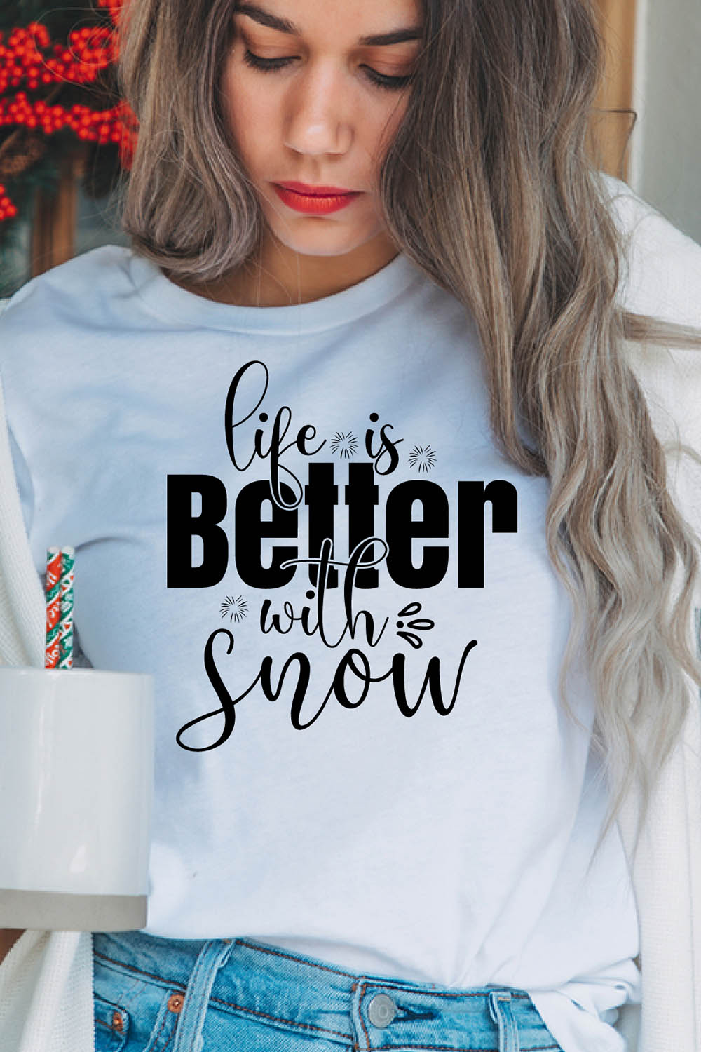 Image of a girl in a white T-shirt with a unique inscription "life is better with snow".