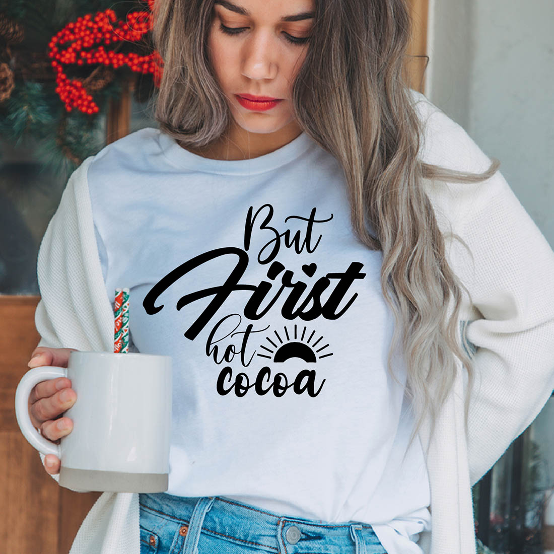 Image of a girl in a white t-shirt with an amazing inscription "But first hot cocoa".