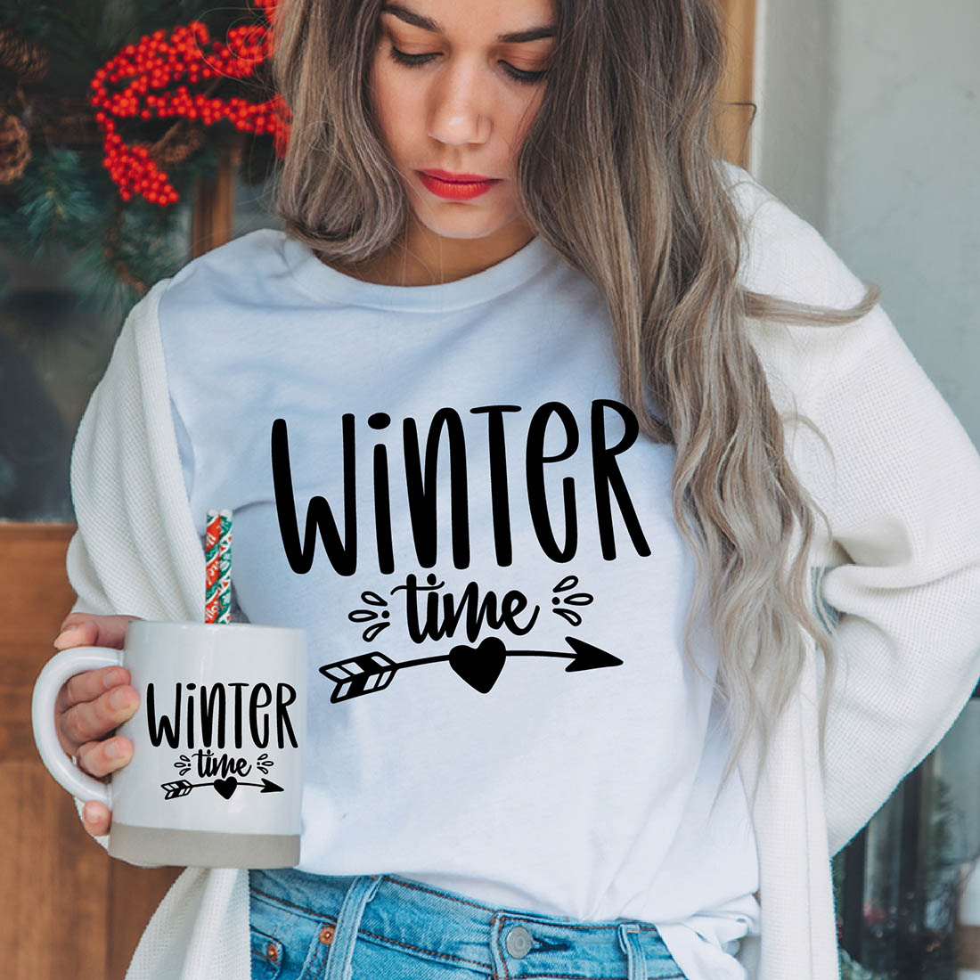 Image of a girl in a white t-shirt with a beautiful inscription "winter time".