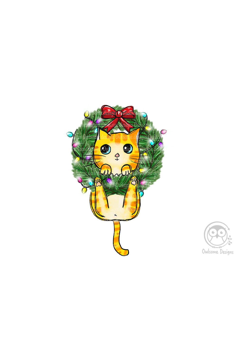 Unique image with a cat on a Christmas tree wreath.