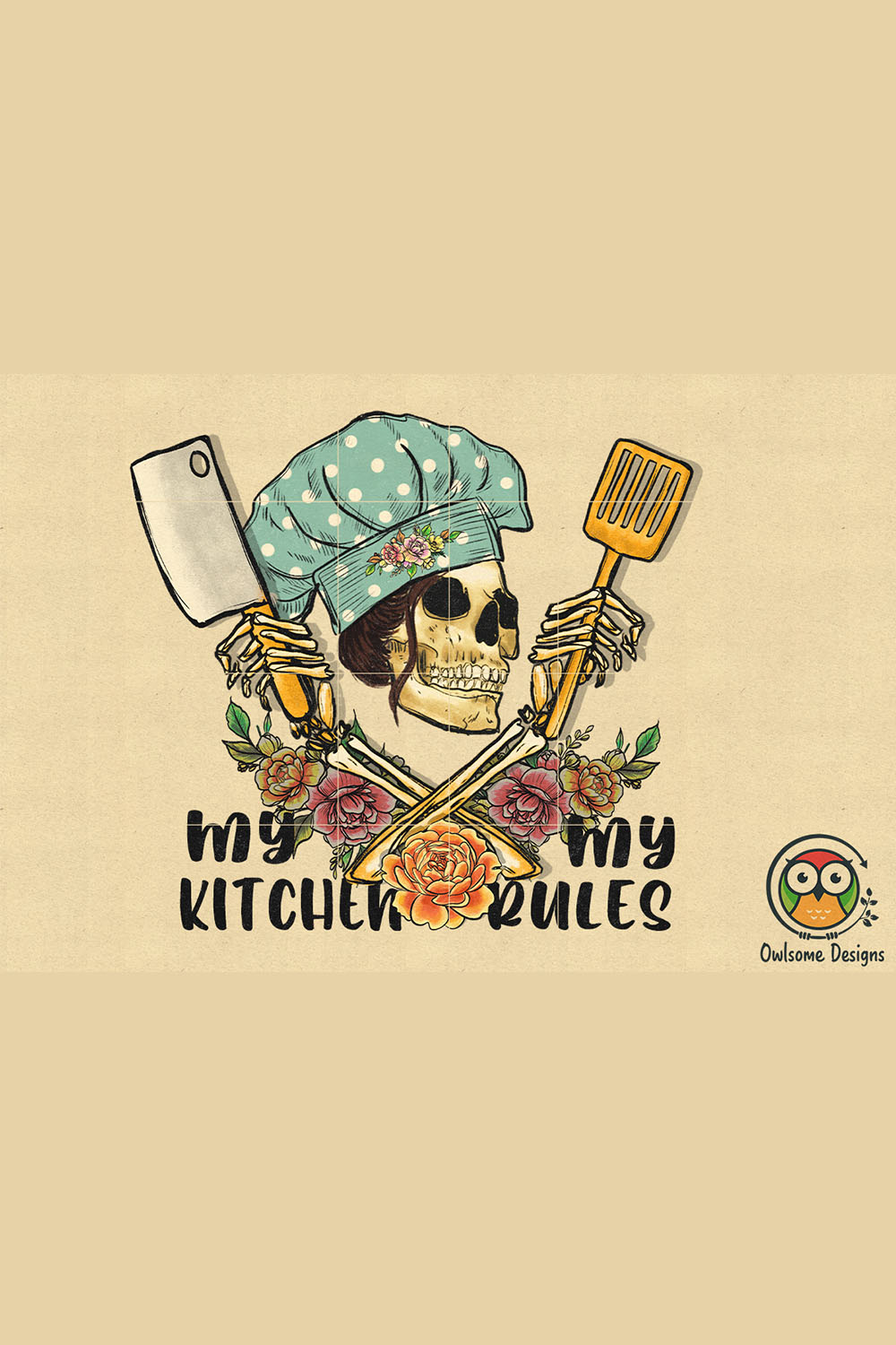 Beautiful image of a skeleton with kitchen accessories.