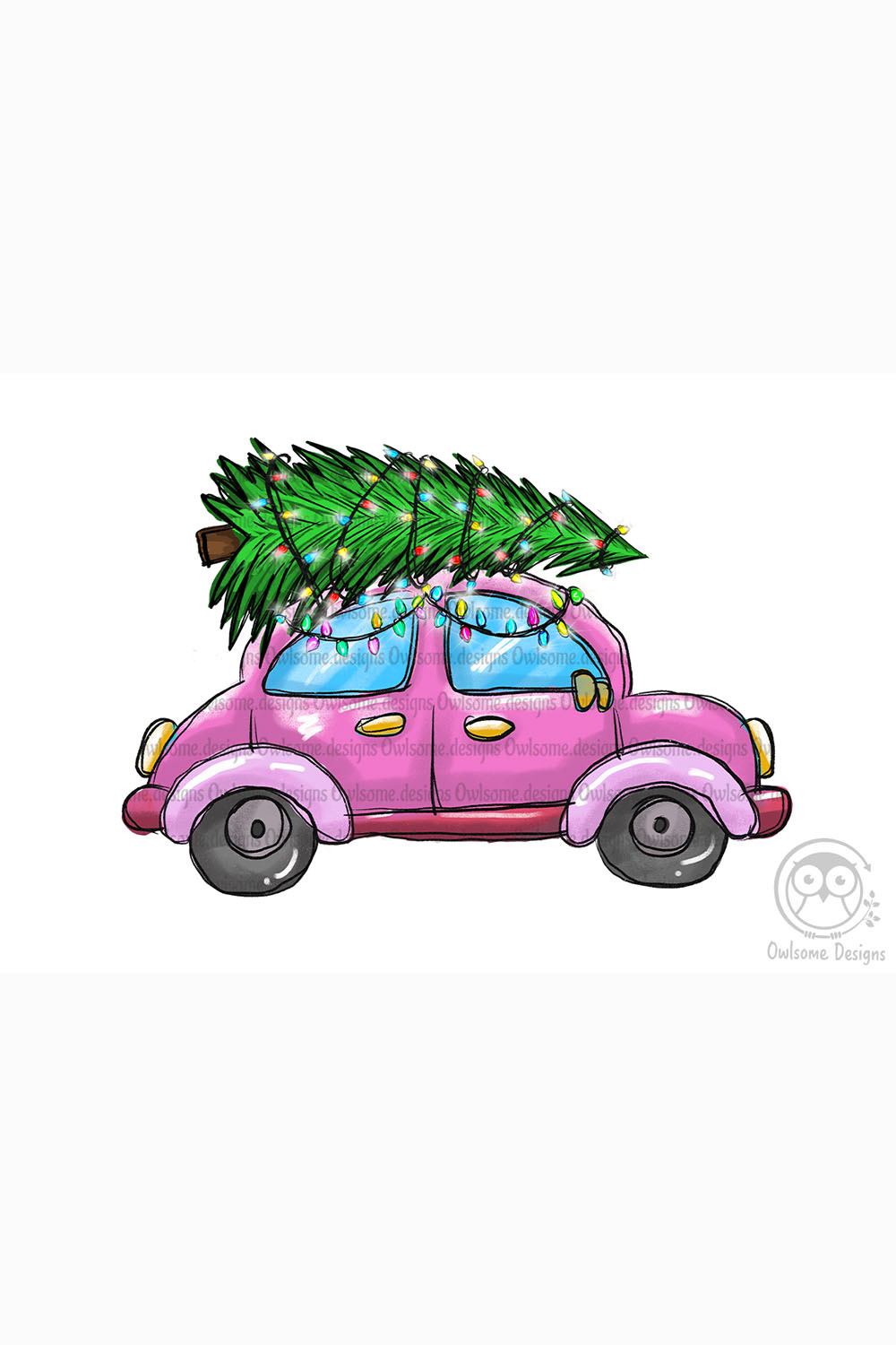 Colorful image of a car with a Christmas tree on the roof.