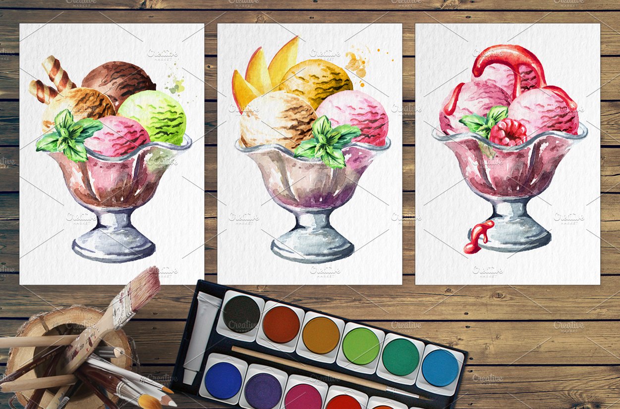 Three watercolor ice cream poster.