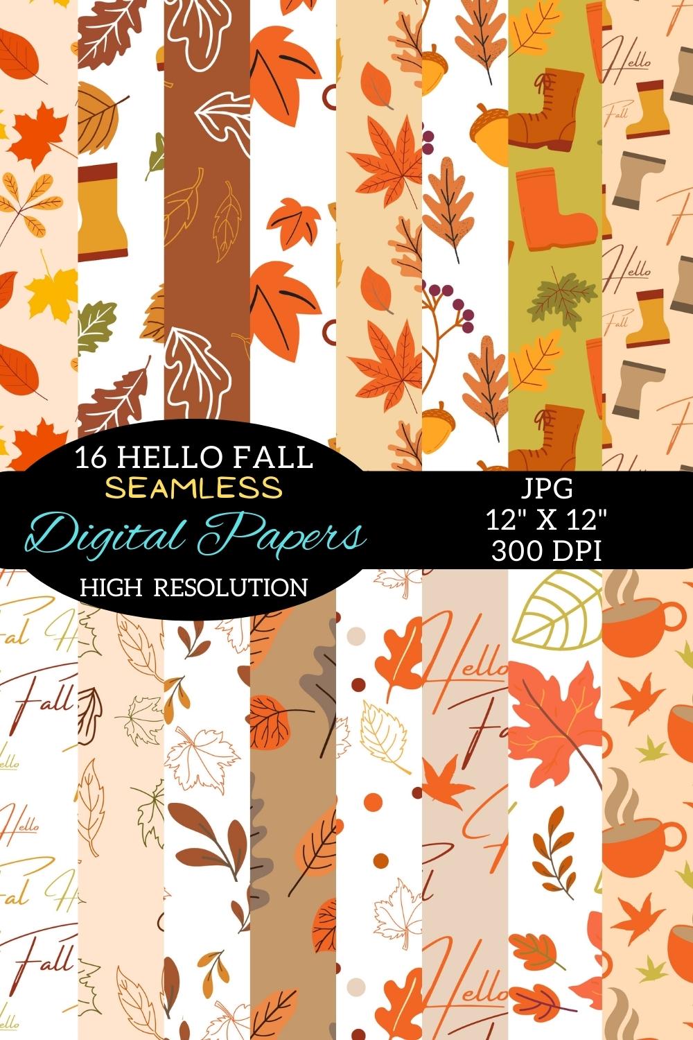 Hello Fall Digital Papers Patterns Design pinterest image.