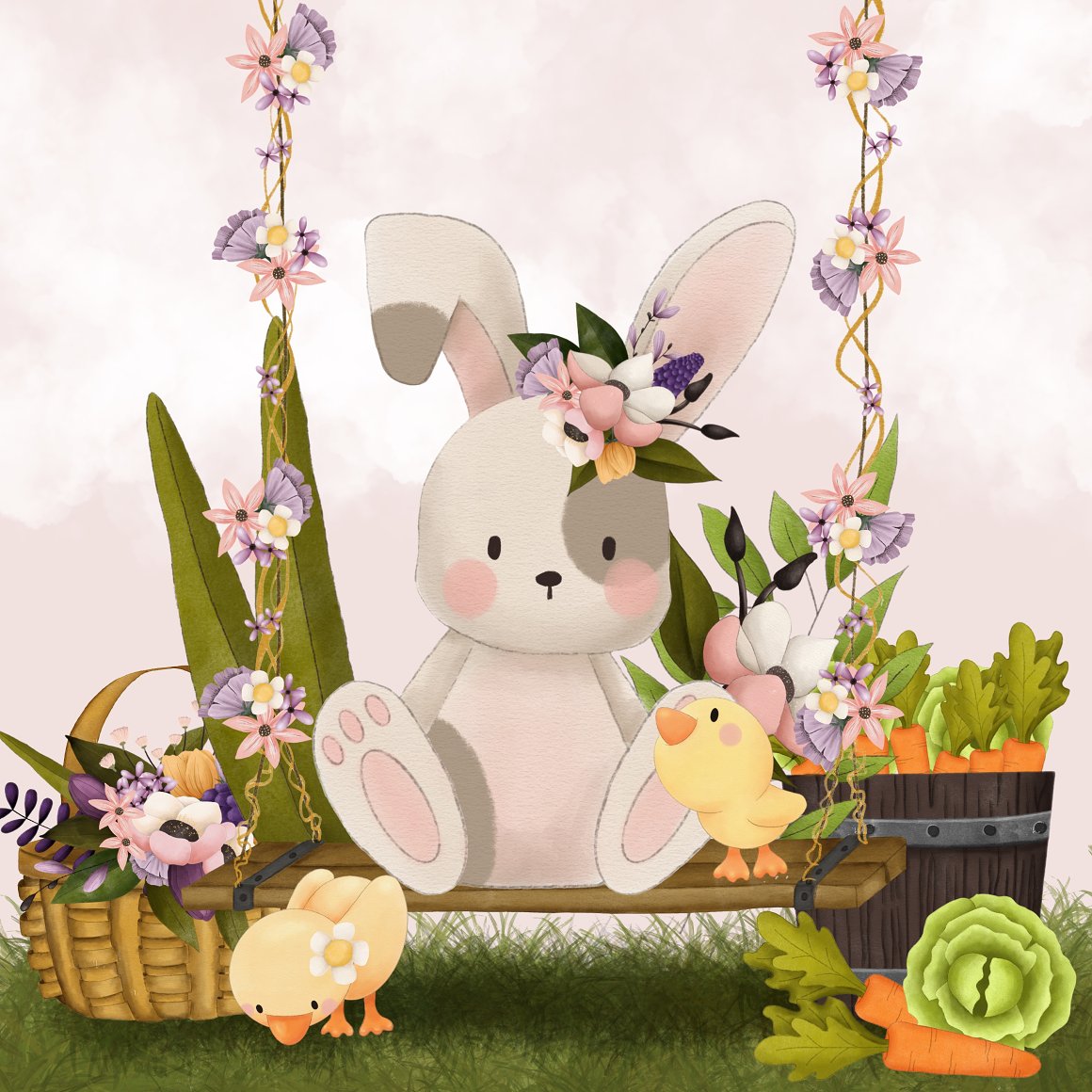 Illustration of Easter bunny and chicks on a flower swing.
