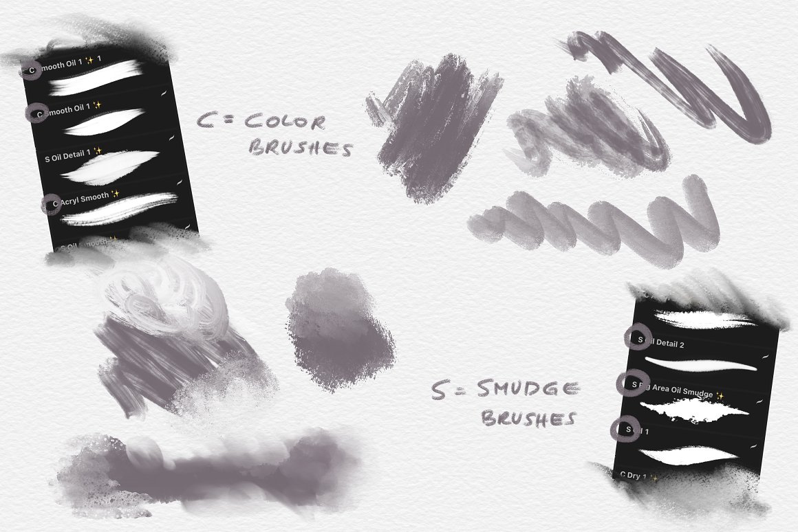 A set of different dark gray art brushes on a gray background.