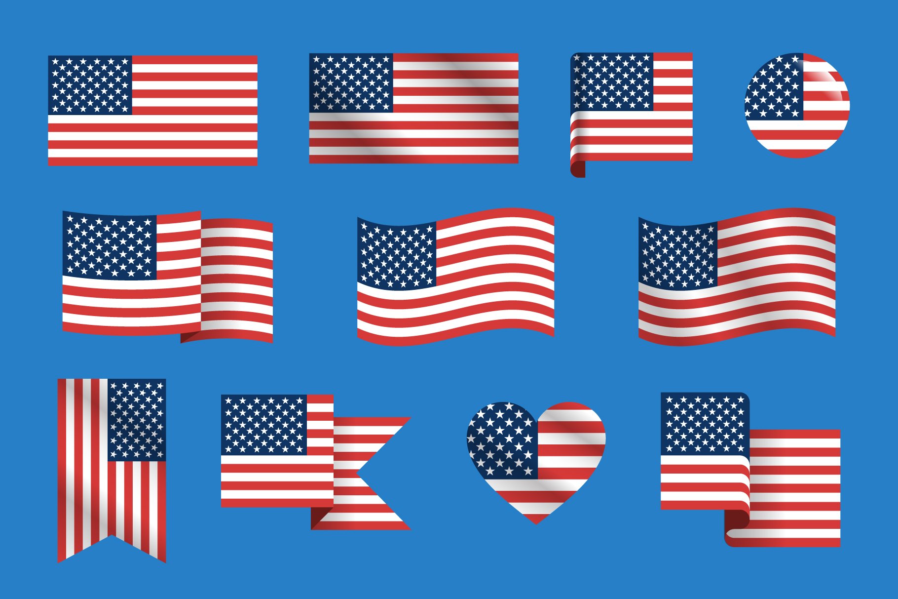 Bright United States flags in the different shapes.