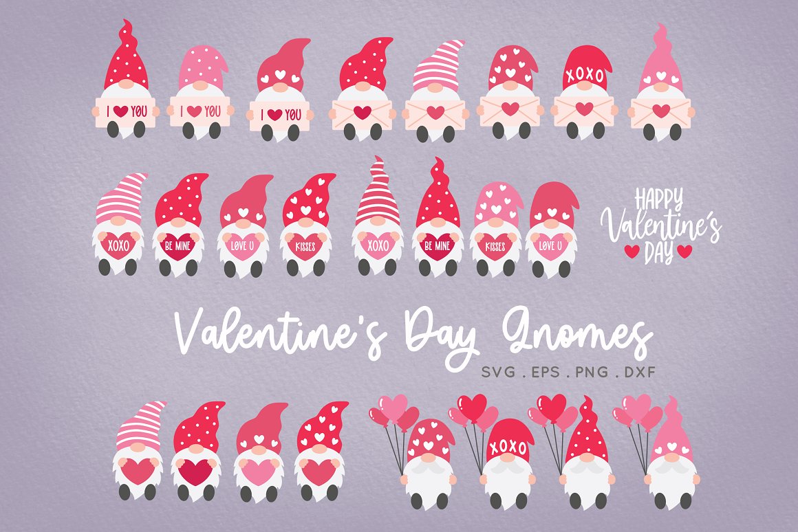 White lettering "Valentine's Day Gnome" and different illustrations of gnome on a gray background.