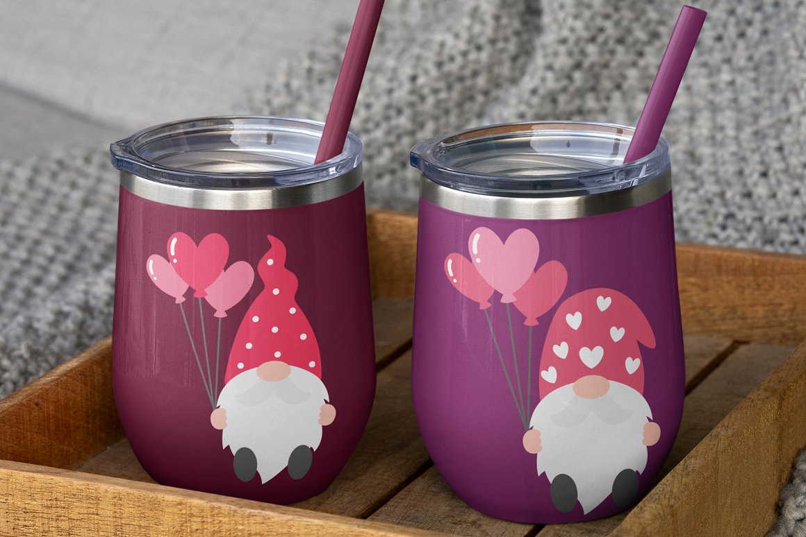 Pink and purple cup with straws and illustration of a gnome.