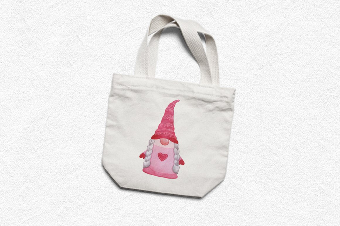 White eco bag with the cute pink gnome.