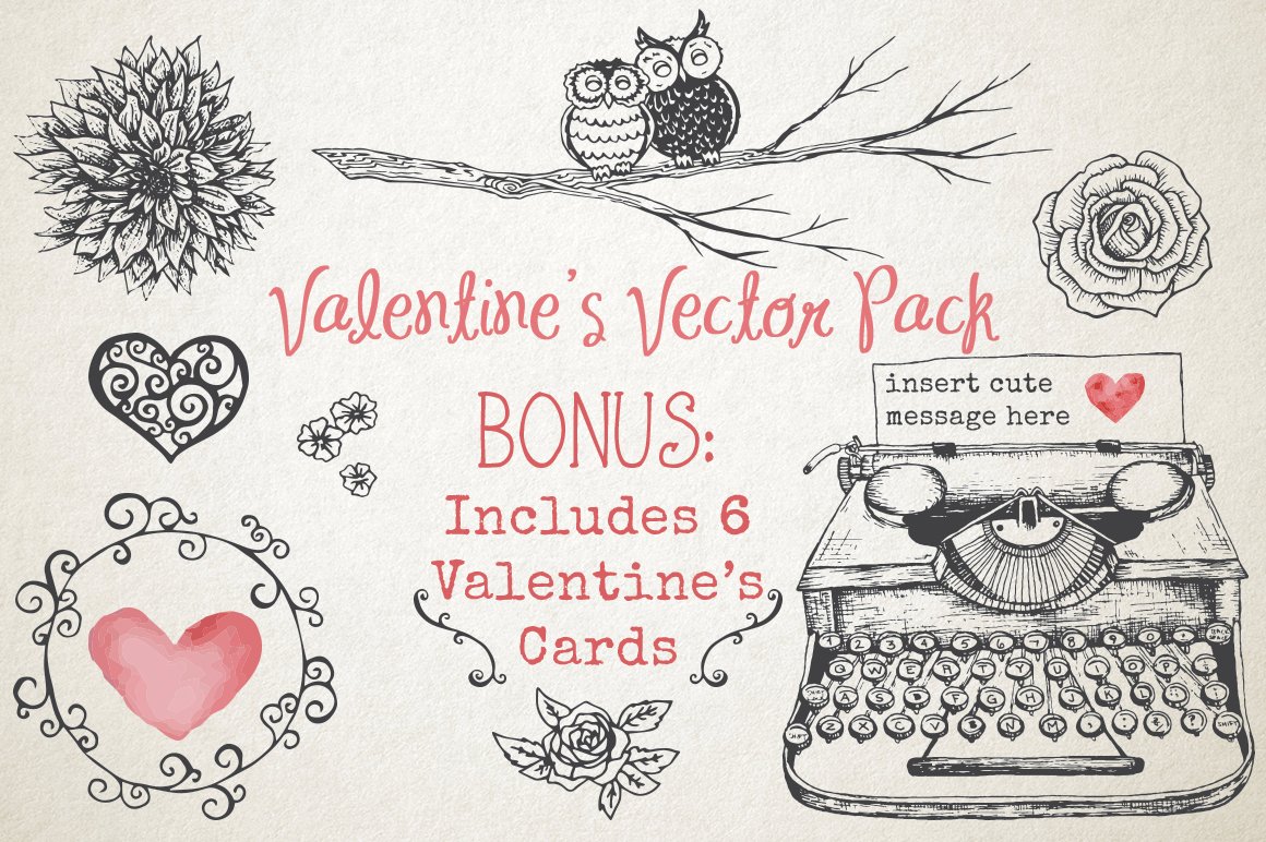 Pink lettering "Valentine's Vector Pack" and a set of different hand drawn romantic Valentine themed illustrations on a gray background.