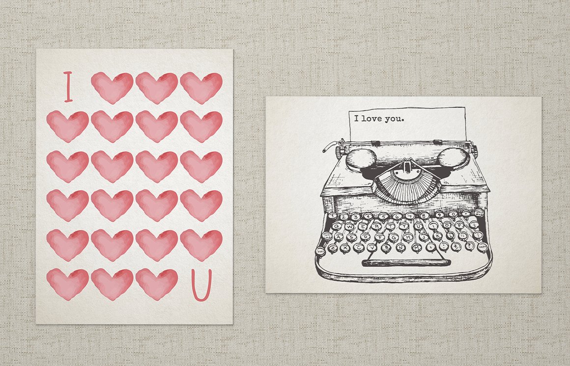Picture with pink hearts and letterings "I U" and picture with vintage typewriter, which written "I love you.".