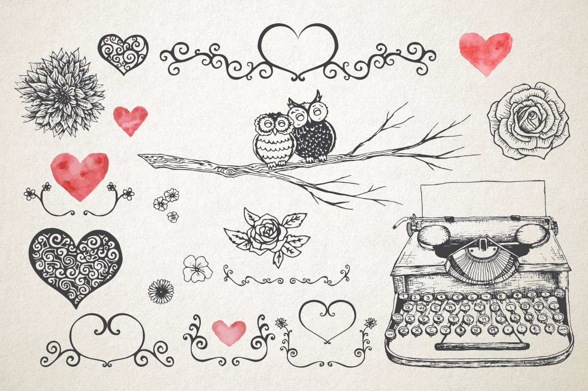 A set of different hand drawn romantic Valentine themed illustrations on a gray background.