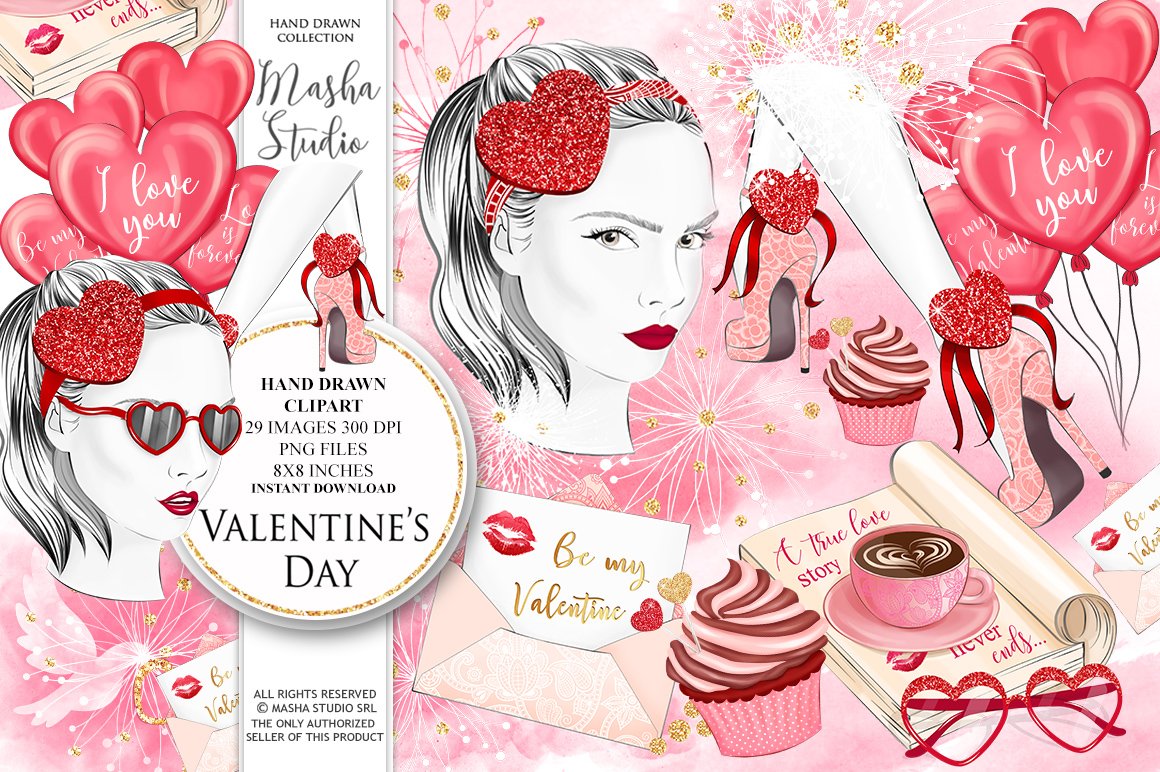 Black lettering "Valentine's Day" and different pink watercolor illustrations.