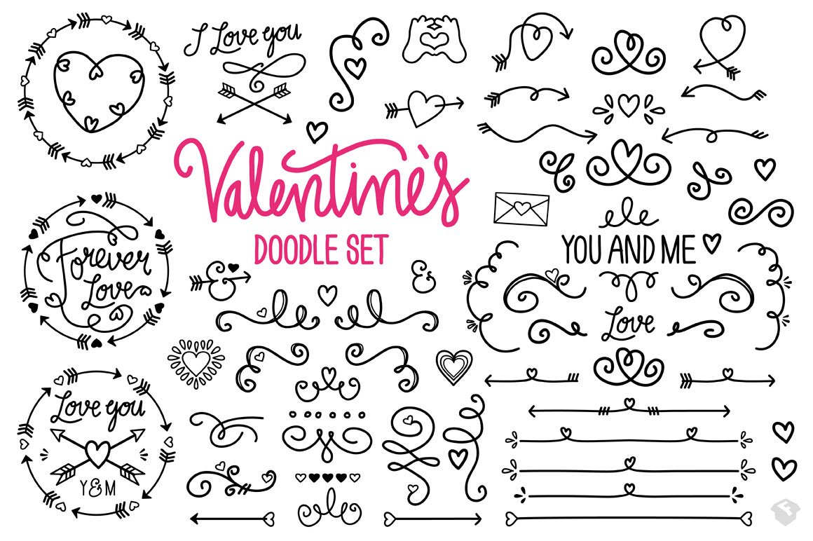 Pink lettering "Valentine's Doodle Set" and different black illustrations of valentine's doodle on a white background.