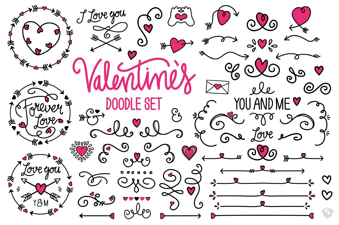 Pink lettering "Valentine's Doodle Set" and different black and pink illustrations of valentine's doodle on a white background.