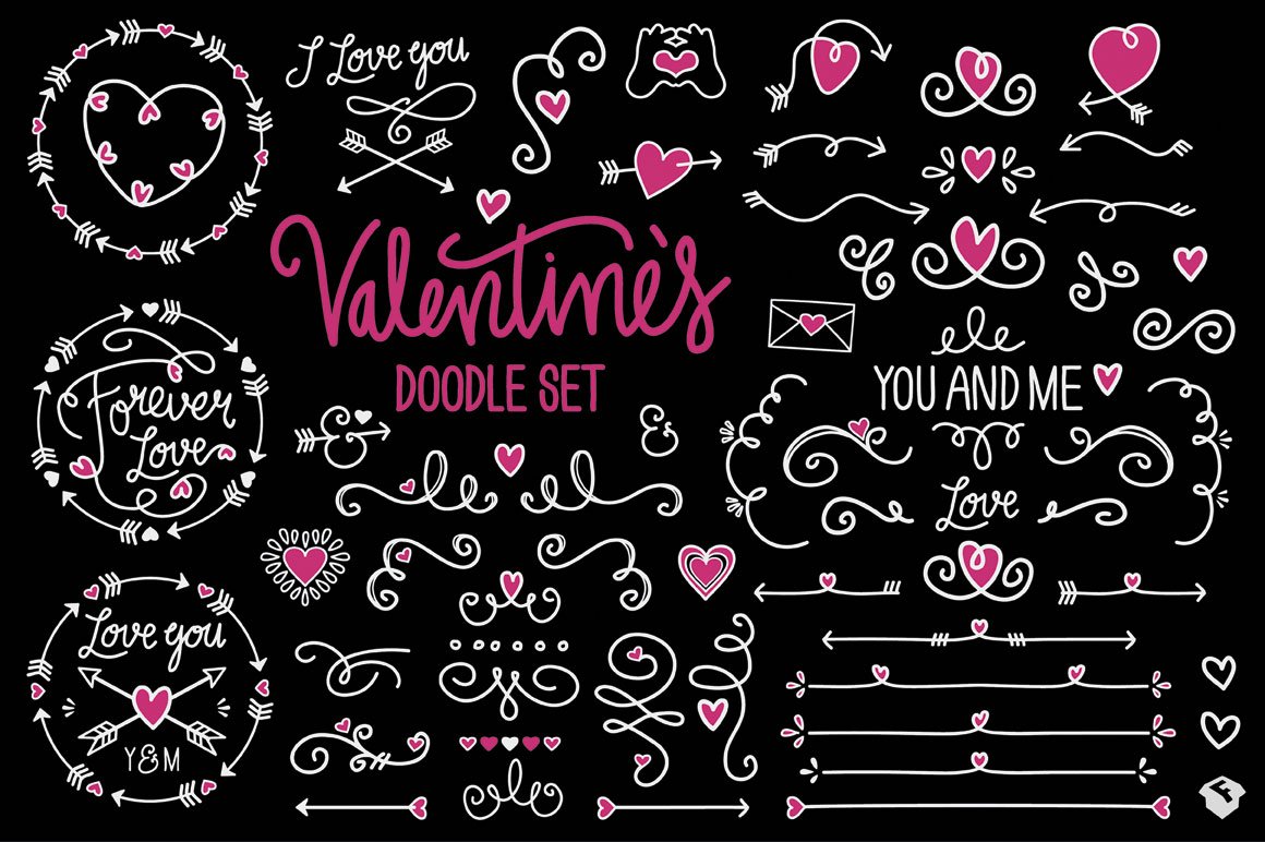 Pink lettering "Valentine's Doodle Set" and different black and pink illustrations of valentine's doodle on a black background.