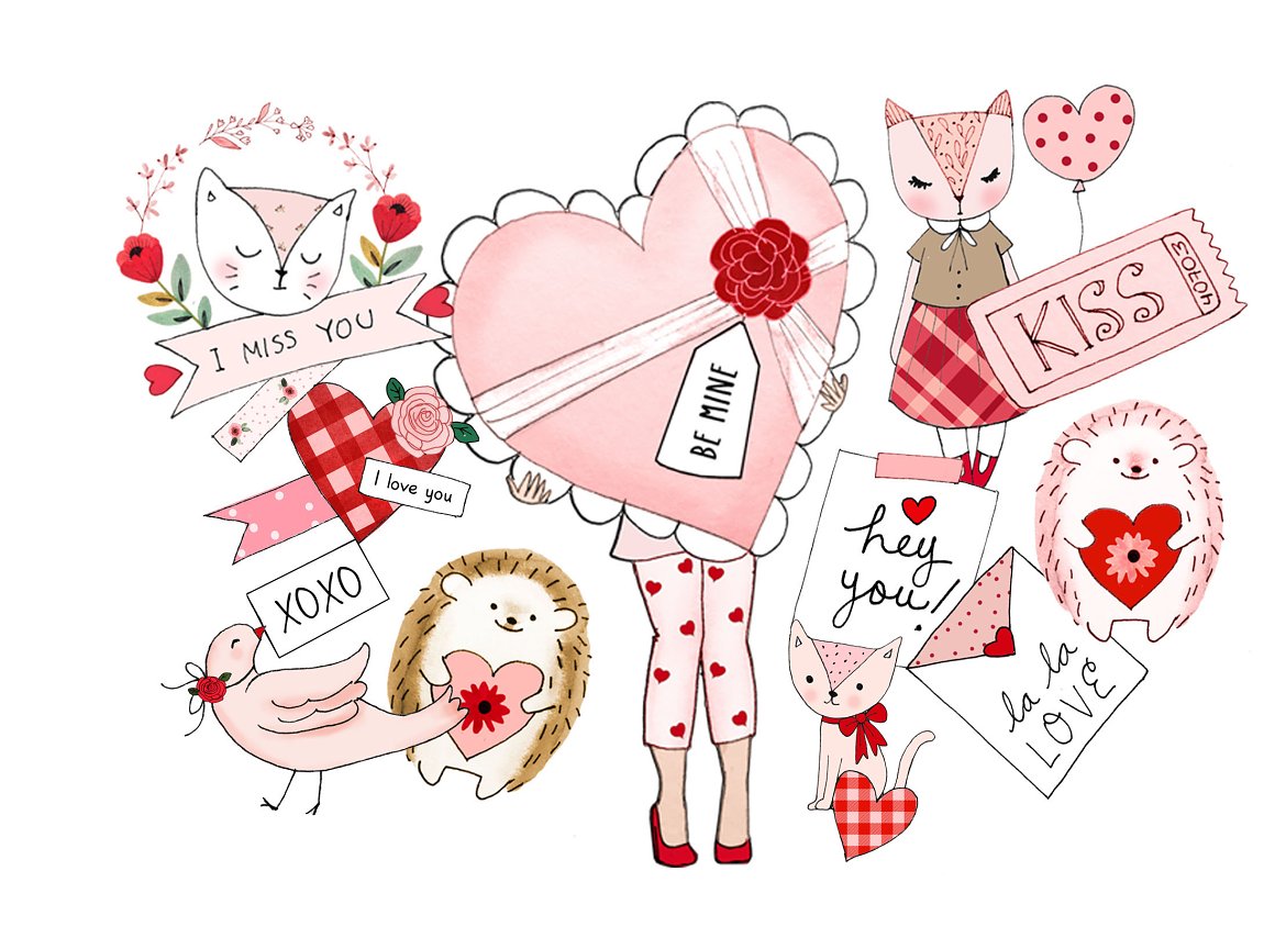 Clipart with different love illustrations and pink heart on a white background.
